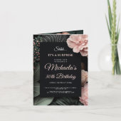 花柄の黒背景サプライズ誕生日パーティー 招待状 (正面)