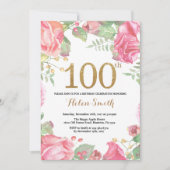 花柄の100th誕生日の招待状の金ゴールドのグリッター 招待状 (正面)