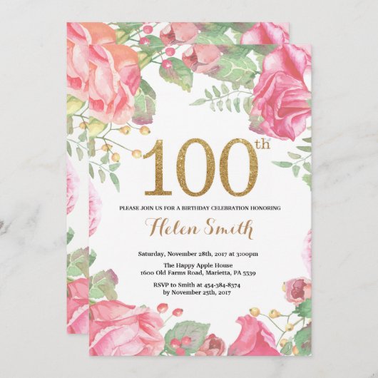 花柄の100th誕生日の招待状の金ゴールドのグリッター 招待状 (正面/裏面)