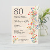 花柄の80歳の誕生日パーティーのエレガントなデザイン 招待状 (スタンド正面)
