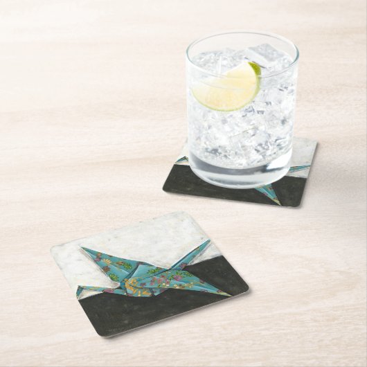 花柄のOrigamiクレーン スクエアペーパーコースター (インサイチュ)