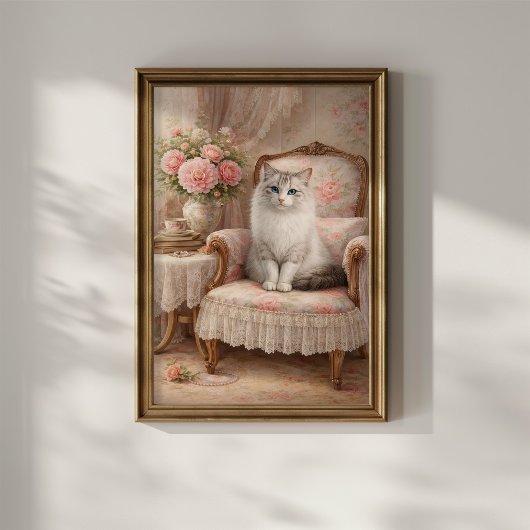 花柄アームチェアの猫 ポスター