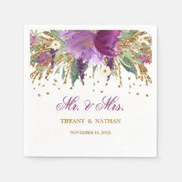花柄グリッター・アメジスト結婚式用ナプキン Mr&Mrs スタンダードカクテルナプキン