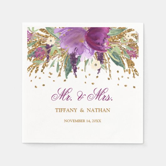 花柄グリッター・アメジスト結婚式用ナプキン Mr&Mrs スタンダードカクテルナプキン (正面)