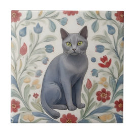 花柄グレー猫 - 灰色の猫とカラフルなフォークアートの花 タイル