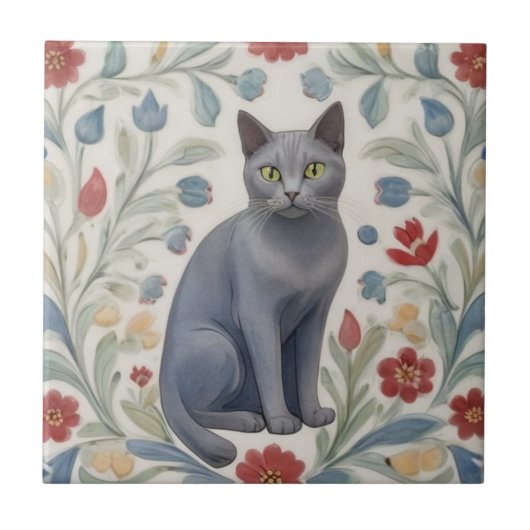 花柄グレー猫 - 灰色の猫とカラフルなフォークアートの花 タイル (正面)
