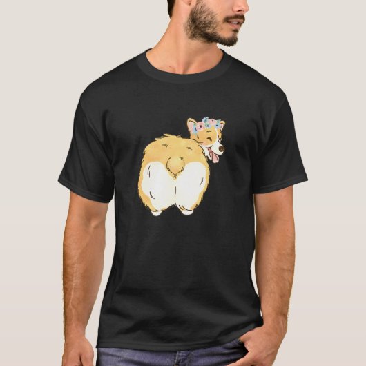 花柄コーギーのお尻 ペンブローク ウェルシュコーギー ママ Tシャツ (正面)