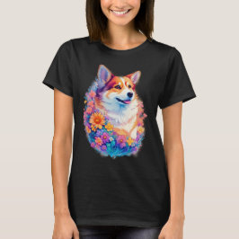 花柄コーギー+虹色+かわいい犬のグラフィック Tシャツ