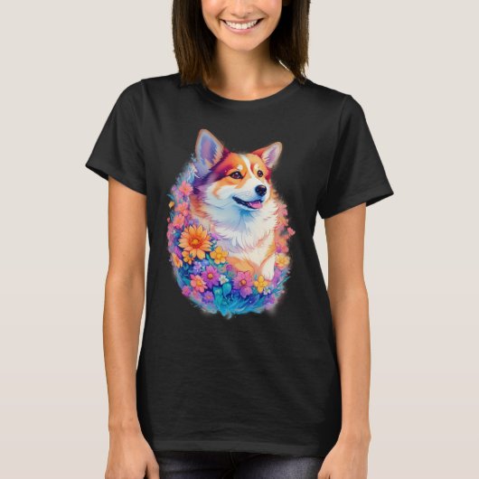 花柄コーギー+虹色+かわいい犬のグラフィック Tシャツ (正面)