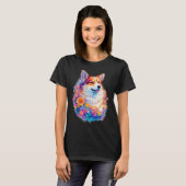 花柄コーギー+虹色+かわいい犬のグラフィック Tシャツ (正面フル)