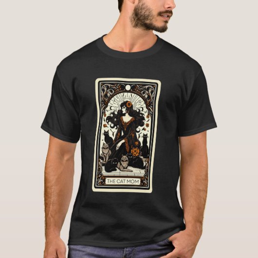 花柄ゴシックフレームの猫ママ魔女 ねこタロット Tシャツ (正面)