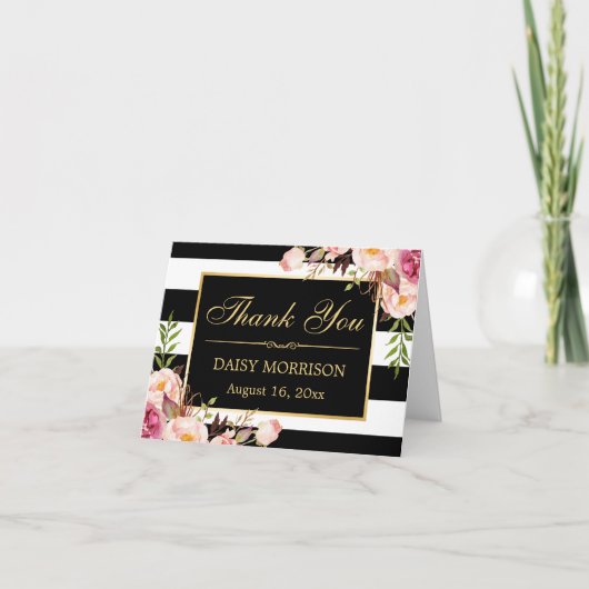 花柄ゴールドフレーム 黒白ストライプ ありがとう サンキューカード (正面)