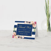 花柄ゴールド ネイビーブルーのストライプ 結婚式 お礼カード サンキューカード (正面)