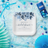 花柄スクリプト ネイビーブルー ウォーターカラー ブライダルシャワー ペーパープレート (パーティー)