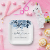 花柄スクリプト ネイビーブルー ウォーターカラー ブライダルシャワー ペーパープレート (パーティー)