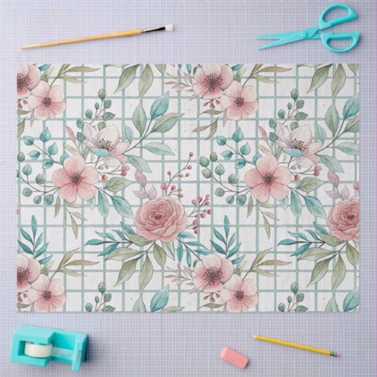 花柄ソフトピンクと桃エレガント花 薄葉紙 (クラフト)