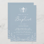 花柄ダスティーブルー十字ミニマル洗礼 招待状 (正面/裏面)
