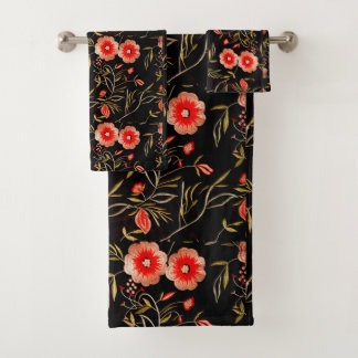 花柄ダークバックグランドピンク緑レッド バスタオルセット