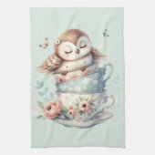 花柄ティーカップに眠るフクロウ キッチンタオル (縦)
