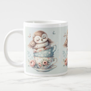 花柄ティーカップに眠るフクロウ ジャンボコーヒーマグカップ