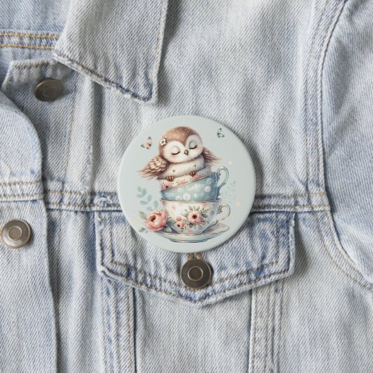 花柄ティーカップに眠るフクロウ 缶バッジ (インサイチュ)