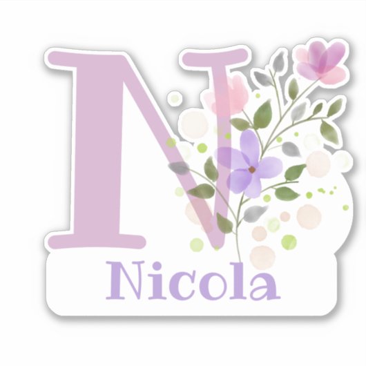 花柄デザインのイニシャルと名前入り「Nicola」 シール (正面)