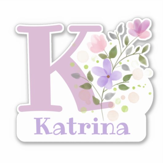 花柄デザインのイニシャルと名前 Katrina シール (正面)