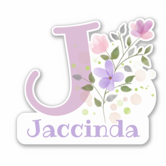 花柄デザインのイニシャル付きJaccindaネームステッカー シール (正面)