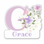 花柄デザインのイニシャル入りネームステッカー Grace シール (正面)
