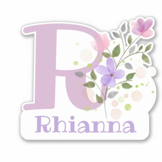 花柄デザインのイニシャル入り名前ステッカー Rhianna シール (正面)