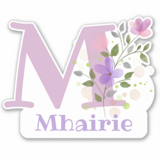 花柄デザインの名前とイニシャル Mhairie シール (正面)