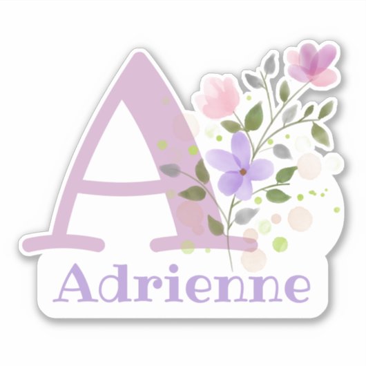 花柄デザインの「Adrienne」ネームとイニシャル シール (正面)