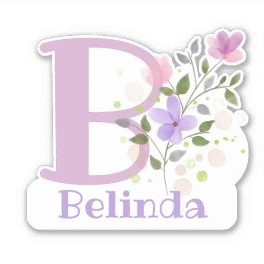 花柄デザインのBelinda+イニシャル名入り シール (正面)