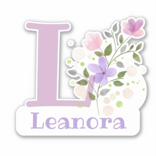 花柄デザインのLeanoraネーム＆イニシャル シール (正面)