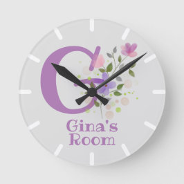 花柄デザイン時計 名前とイニシャル Gina ラウンド壁時計