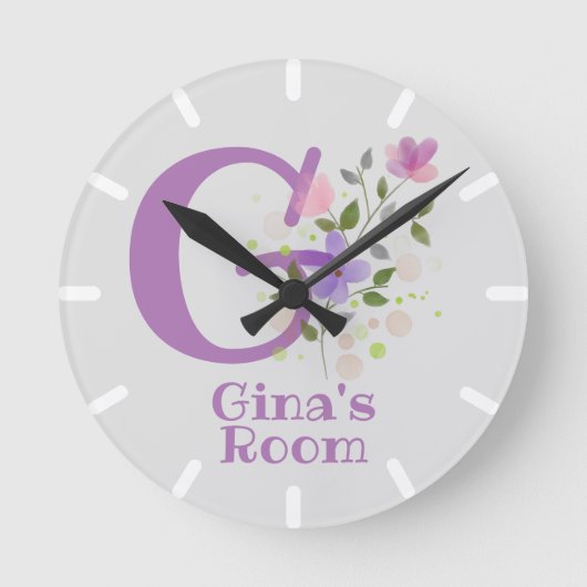 花柄デザイン時計 名前とイニシャル Gina ラウンド壁時計 (正面)