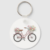 花柄バスケット付きヴィンテージピンク自転車ステッカー キーホルダー (正面)