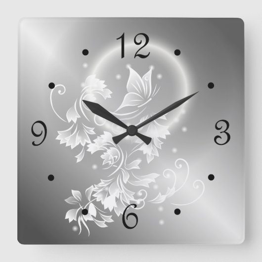 花柄バタフライシルバーナンバー スクエア壁時計 (正面)