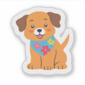 花柄バンダナを着けた子犬 かわいい犬 シール (正面)