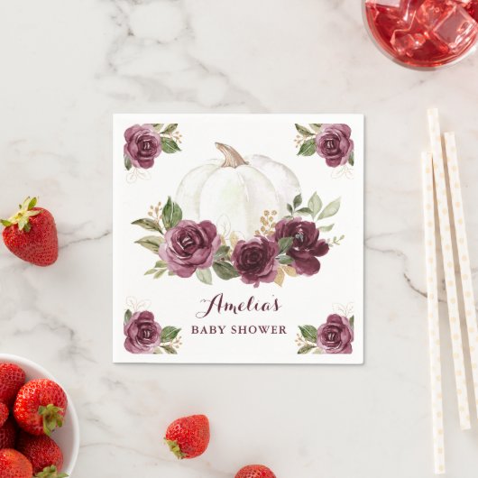 花柄バーガンディパンプキン秋ベイビーシャワー スタンダードカクテルナプキン (インサイチュ)