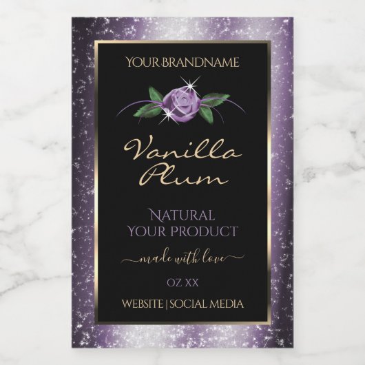 花柄パープルブラック製品ラベル ソフトグリッター フードラベル (シングルラベル)