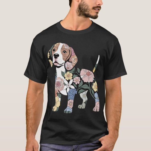 花柄ビーグルシルエットデザイン Tシャツ (正面)