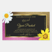 花柄ピンクとゴールドグリッター ブラック製品ラベル 長方形シール (正面)