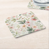 花柄ピンクのパステルかわいい スクエアペーパーコースター (アングル)