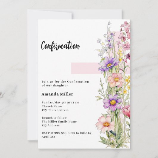 花柄ピンククロス女の子 確認 招待状 (正面)