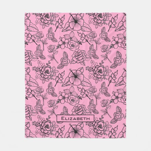 花柄ピンクパーソナライズされた名 フリースブランケット (正面)