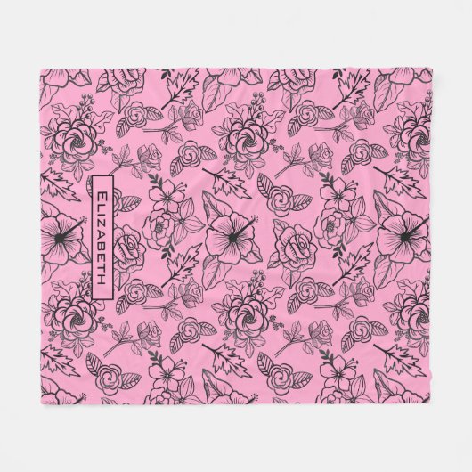 花柄ピンクパーソナライズされた名 フリースブランケット (正面(横))