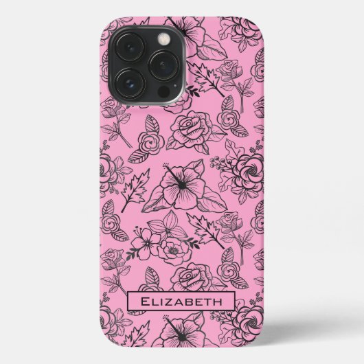 花柄ピンクパーソナライズされた名 iPhoneケース (裏面)