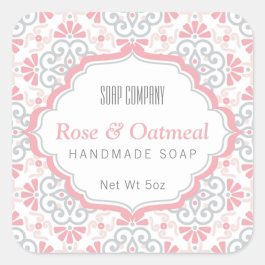 花柄ピンクフェミニン石けん四角ラベル スクエアシール (正面)