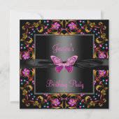 花柄ピンク ブラック バタフライ バースデーパーティー 招待状 (正面)